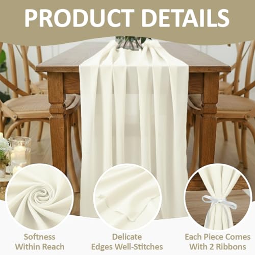 10ft Chiffon Table Runner Pack of 5 - Ivory Romantic Rustic Wedding Decor