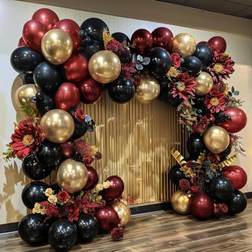 Burgundy Black Gold Balloon Garland Kit - Double Stuffed Latex Balloons for Party Decor