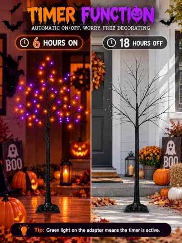 2-Pack 5FT Halloween Black Tree with Purple & Orange LED Lights - DIY & Weatherproof