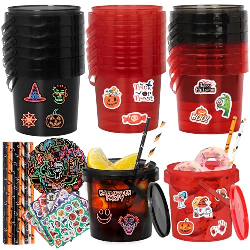 Halloween Candy Buckets Set - 20 Plastic Trick-or-Treat Baskets with Lids, Straws & Stickers