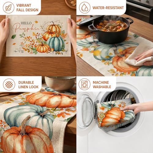 Fall Pumpkin Table Runner 13x72 Inches with 4 Placemats - Autumn Decor