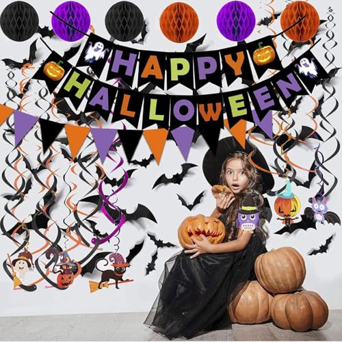 Halloween Party Banner Set with 3D Bats, Bunting, Pom Poms & Garland