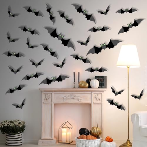 100Pcs Halloween 3D Bat Wall Decorations with Glow Eyes - Spooky Black Stickers for Indoor Decor