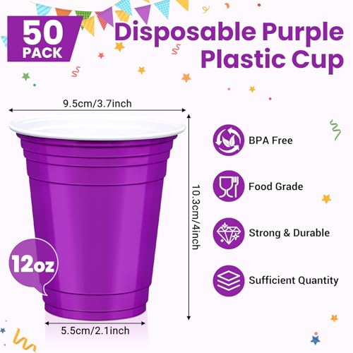 50 Pack Purple Plastic Cups 12 oz Disposable Party Cups - LIKAJON