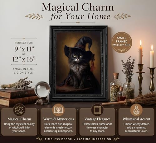 Black Framed Halloween Black Cat Wall Art Gothic Witch Cat Portrait Canvas Decor 11x9