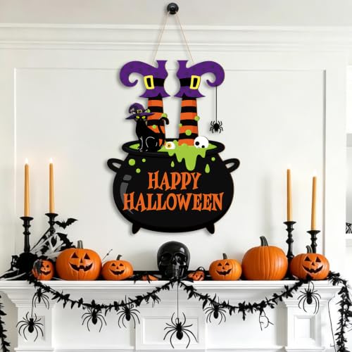 Large Black Halloween Wooden Door Wreath - Happy Halloween Sign for Front Door & Wall Decor