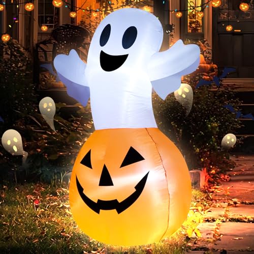 4FT White Ghost Pumpkin Inflatable Halloween Decoration with LED Lights - Trick or Treat
