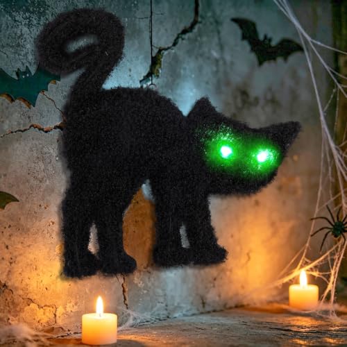 Halloween Hanging Black Cat Decoration with Glowing LED Eyes - 18.5 Inch Indoor Outdoor Decor - Black Cat Variation