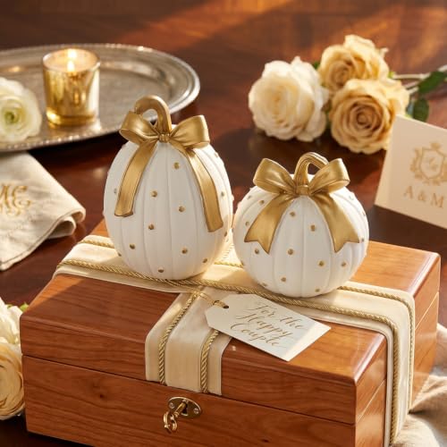 White and Gold Pumpkin Decor Set - 2 Fall Thanksgiving Figurines