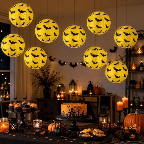 Halloween Bat Paper Lanterns Set of 8 - Yellow and Black Hanging Decorations for Parties