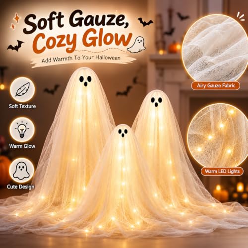 Halloween Ghost Decorations Indoor 3 Pack with Warm White Lights - Witch Hat Lamp & Candlesticks