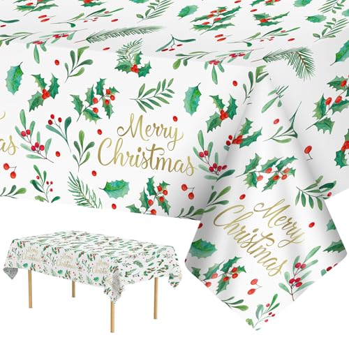 Christmas Disposable Rectangular Tablecloths 3 Pack - Holly Leaves & Red Berries, 54x108 Inch - Holiday Party Decorations