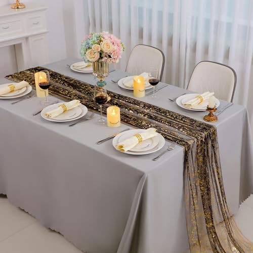 Black Gold Gauze Table Runner Set - 3 Pcs 10 Ft Sparkle Sheer Glitter Mesh
