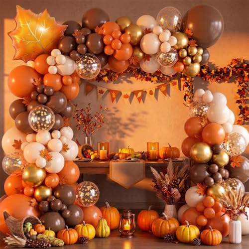 Fall Balloon Arch Kit with Maple Leaves - Orange & Brown Variations, Thanksgiving Party Decorations