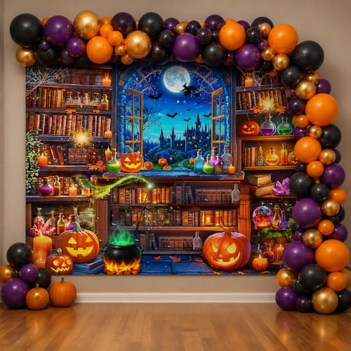 Halloween Magic Photography Backdrop 10x8 FT - Spooky Witch Window Bookshelf Scene