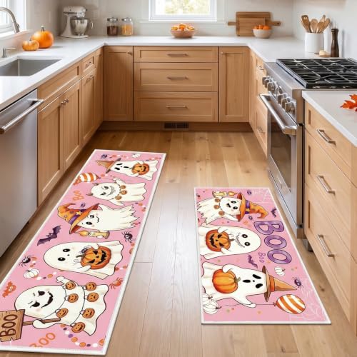 Halloween Kitchen Rug Set of 2 Pink Ghost & Pumpkin - Fall Indoor Home Decor