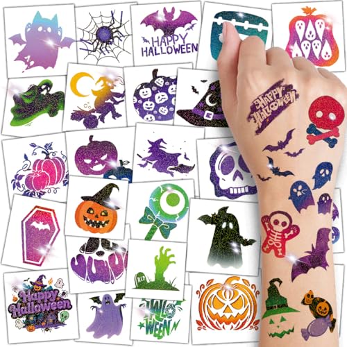 Kids Halloween Glitter Temporary Tattoos Set - 74 Spooky Designs, Waterproof & Glittery
