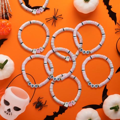 48 Pcs Halloween Party Favors Pink Boo Clay Bead Bracelets Bulk