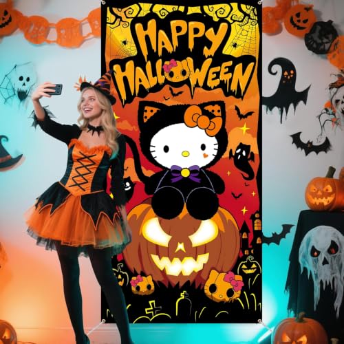 Halloween Door Cover Decorations Pumpkin Ghost Cat Front Door Banner - Reusable & Waterproof