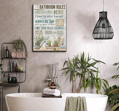 Bathroom Rules Wall Art - Canvas Wall Decor 24x16 Inches - Farmhouse Bathroom Slogan