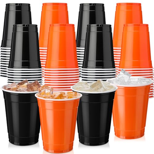 Halloween Plastic Drinking Cups 12oz Pack of 100 - Orange & Black Party Cups
