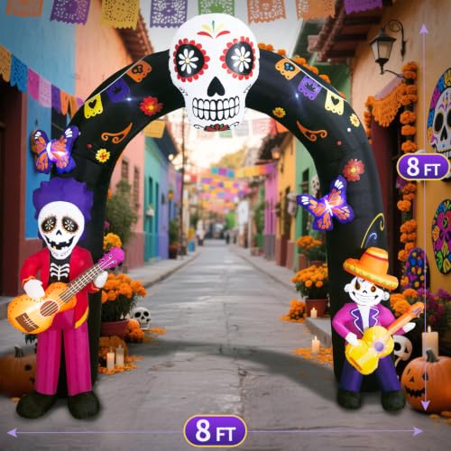 Large Halloween Inflatable Archway with LED Lights - Day of the Dead Skeleton & Sugar Skull Decor