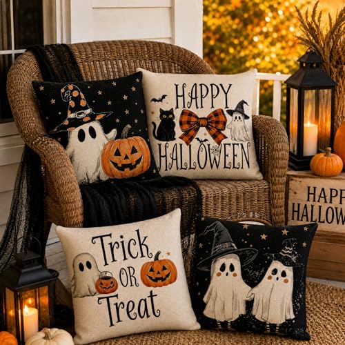 Black Halloween Pillow Covers 18x18 Set of 4 - Spooky Fall Home Decor
