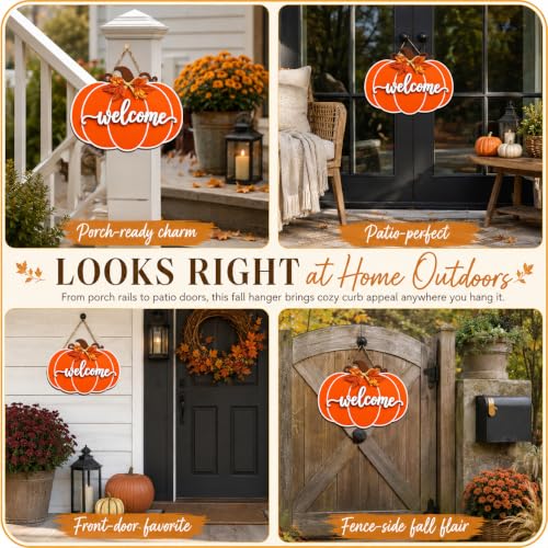 Orange Fall Pumpkin Door Hanger Wooden Welcome Sign for Home & Porch