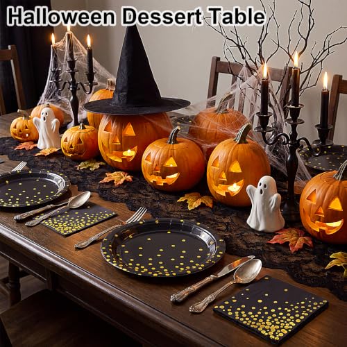 Black Gold Plates and Napkins Set - 25 Guests, Black Golden Dot Variation