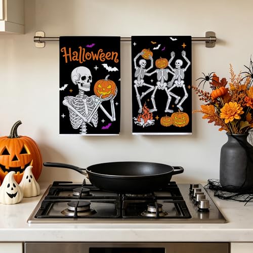 Hexagram Halloween Skeleton Kitchen Towels - Black 18x28 Inch Set of 2