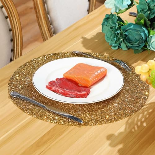 Blulu 4 Pieces Round Rhinestone Placemat - Gold Glitter Sparkle Table Mat