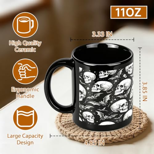 Halloween Skull Mug - Gothic Spooky Skeleton Ceramic Black Cup 11oz - Skull Mug Variation