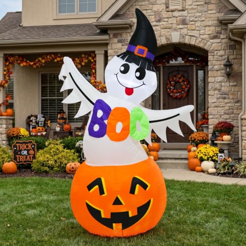 Halloween Inflatable Ghost Pumpkin with Witch Hat & Boo Sign - 6 FT - Kid-Friendly Yard Decor - Variation: Ghost Pumpkin