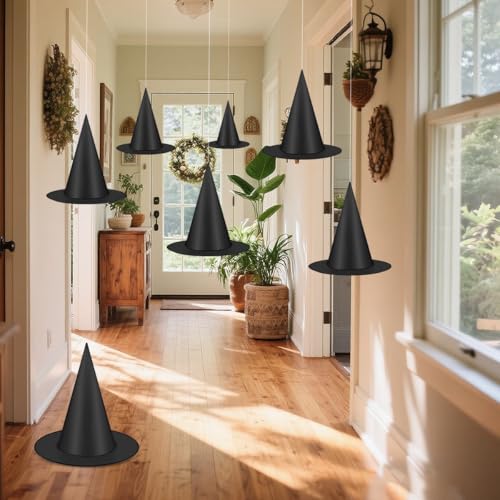 15 Pcs Halloween Black Witch Hats Set with Hanging Rope - Decorative Costume Accessories