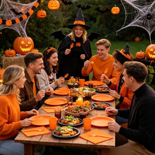 7 Inch Orange Party Plates and Napkins Set for 50 Guests - Disposable Fall Halloween Birthday BBQ