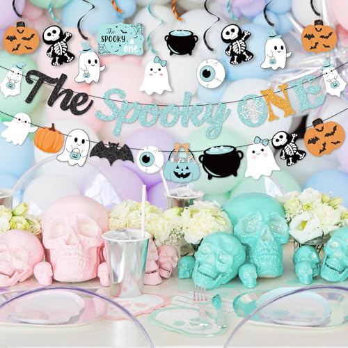 Halloween Birthday Banner & Hanging Decorations Kit - Ghost, Pumpkin, Bat Streamers, Blue Theme