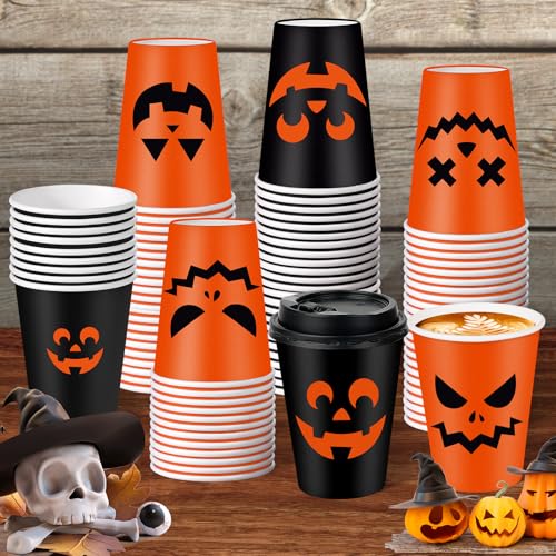 Halloween Pumpkin Disposable Coffee Cups with Lids - 12oz Bulk Set, Black & Orange