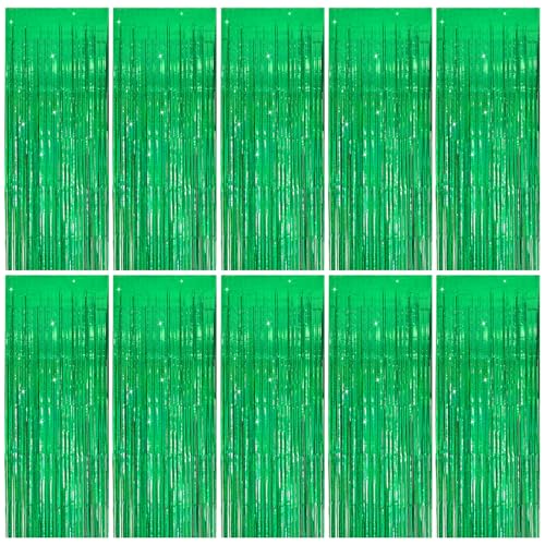 Green Tinsel Curtain Party Decorations - 10 Pack Glitter Foil Fringe Streamers