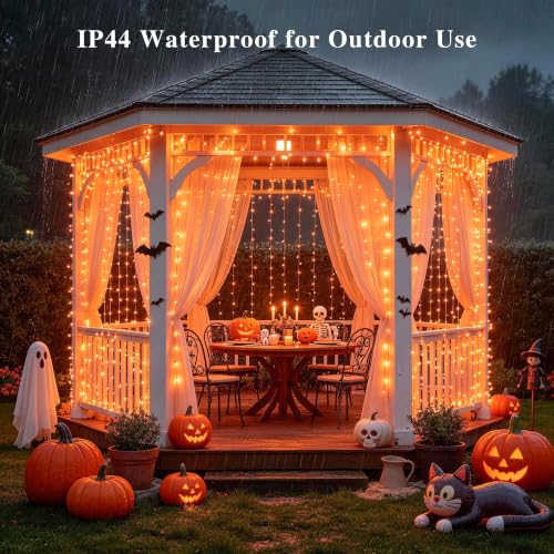 Halloween Curtain Lights - 200 Orange LED String Lights for Indoor Outdoor Decor - Remote Control & Dual Power