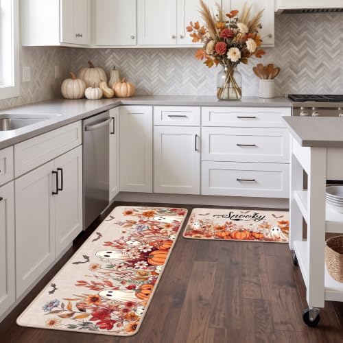 Halloween Kitchen Rugs - Pumpkin Ghost Floral Design, 2-Piece Mat Set
