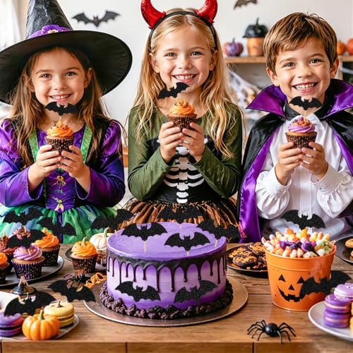 Halloween Cupcake Toppers Black Glitter Bat - 40Pcs Bat Themed Cake Decorations - Variation: Bat