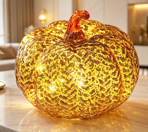 Mercury Glass Pumpkin Lights with Timer - Fall Decorations for Home - Orange