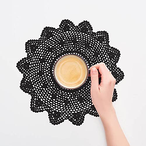 Black Crochet Doilies Set of 2 - 15 Inch Round Cotton Lace Coasters for Home Decor