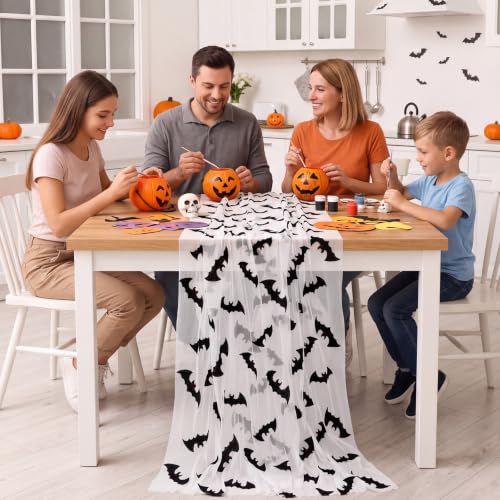 Halloween Bat Table Runner 3 Pack 10ft Gauze Table Decor for Parties - Black & White, Bat Variation