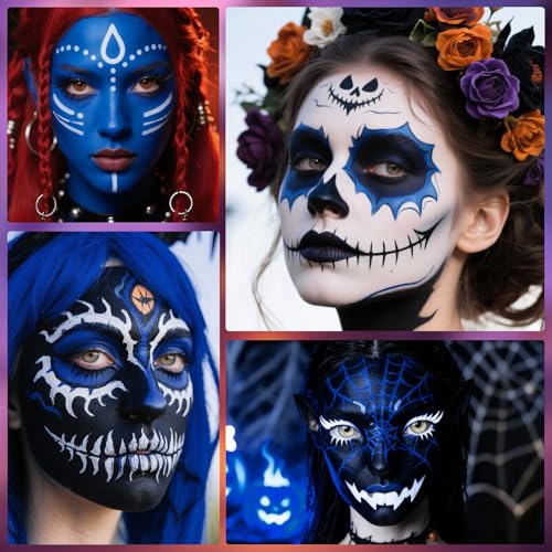 Face Paint Kit Oil Based Halloween Makeup Set with Brushes - Blue, Black, White
