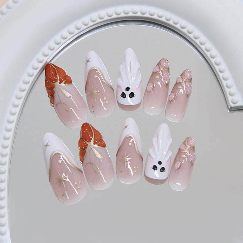 Halloween Press On Nails Set - Medium Almond Fake Nails with 3D Ghost & Pumpkin Designs - Style22