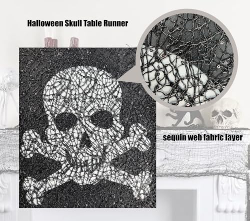 Halloween Skull Table Runner 14x72 Inch Sequin Skeleton Decor for Dining Table