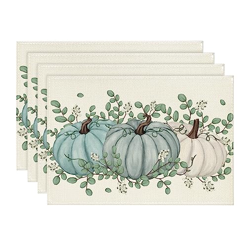 Autumn Fall Placemats Set of 4 - 12x18 Inch Eucalyptus & Pumpkin Table Decor