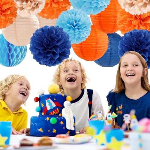 Navy Blue Orange Champagne Party Decorations Kit - Tissue Pom Poms Lanterns Honeycomb - Pink Variation