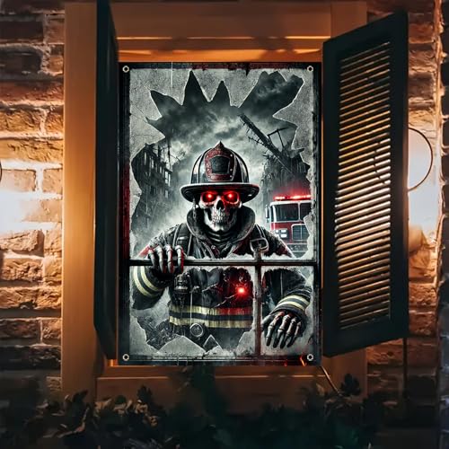 Halloween Skeleton Fireman Window Cover - 31x47 Inch Decoration - Colorful
